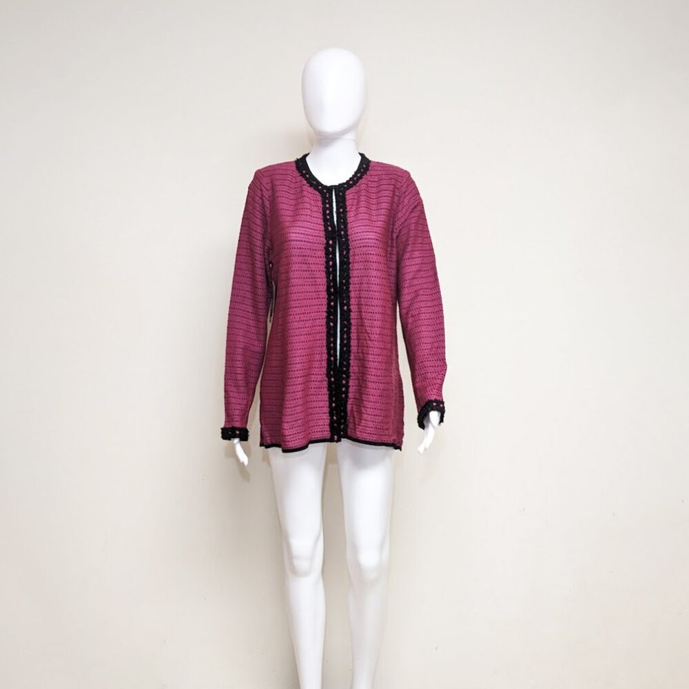 EXCLUSIVELY MISOOK Fuchsia/Black Knit Cardigan w/ Chic Bouclé Trim